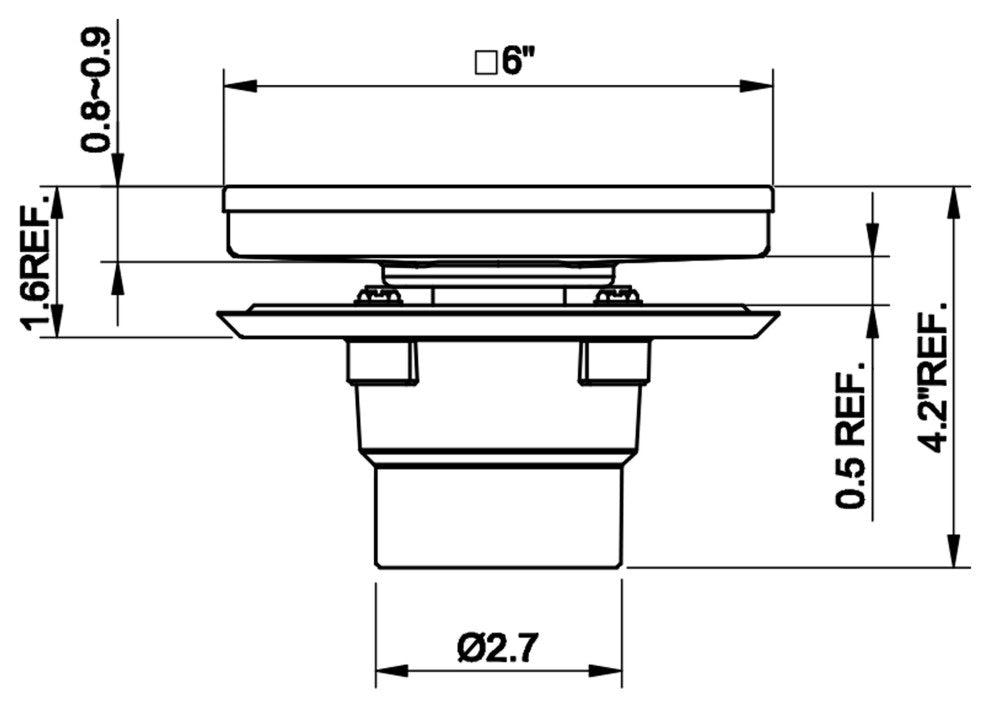 HEATGENE Square Shower Drain With Flat Cover With Base Flange, Matt Black, 6"