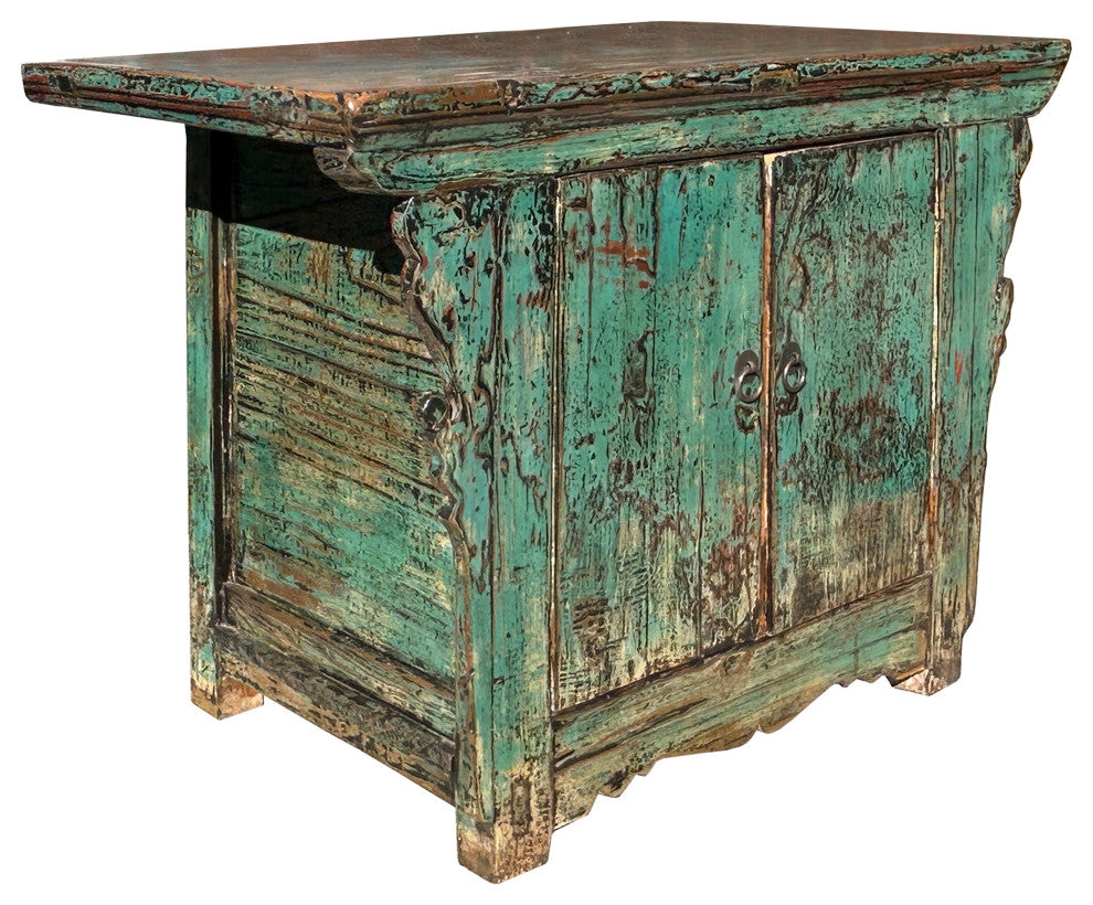 Vintage Distressed Teal Blue Green Carved Apron Low Console Table
