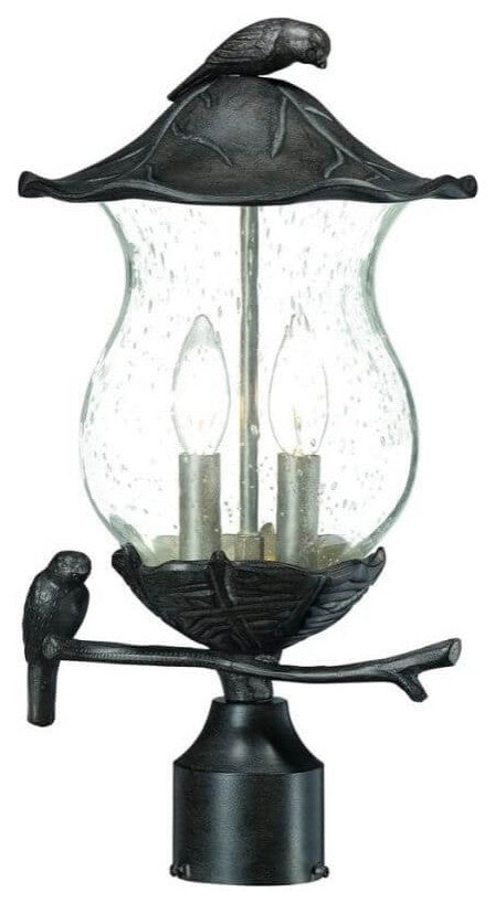 Two Light Bird Outdoor 17" tall Post Light, Black, Clear Seeded Glass