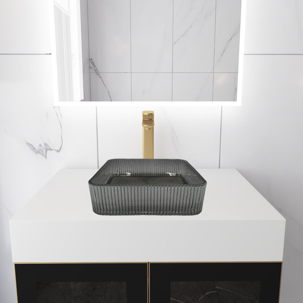 CastelloUSA Plaza 15" Square Tempered Glass Crystal Vessel Sink Basin, Light Black