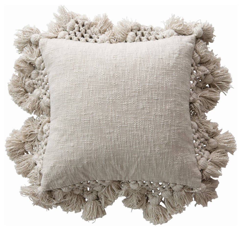 Square Crochet and Tassels Cream Cotton Slub Pillow