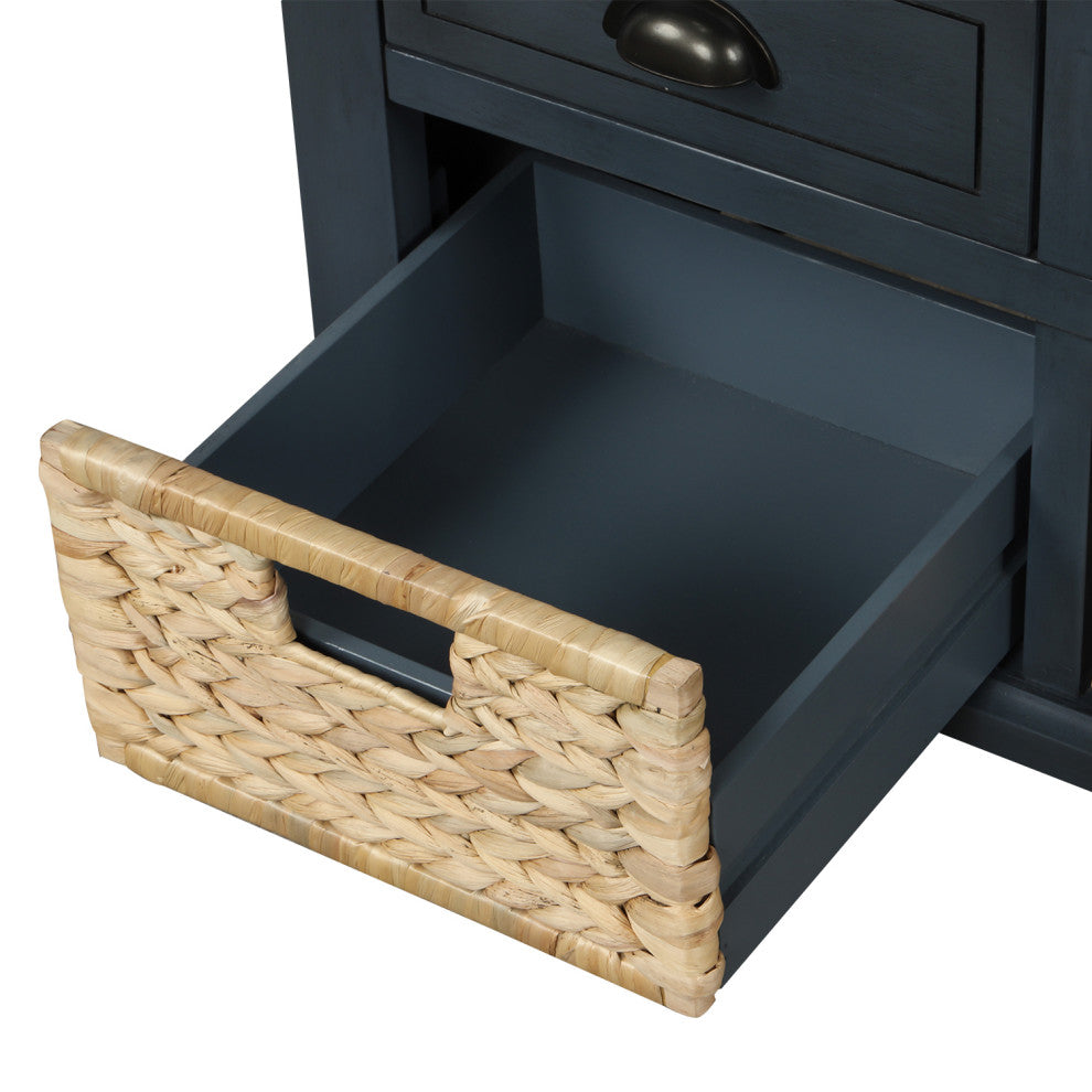 TATEUS 42" Rustic Storage Bench With 3 Drawers and 3 Rattan Baskets, Antique Navy