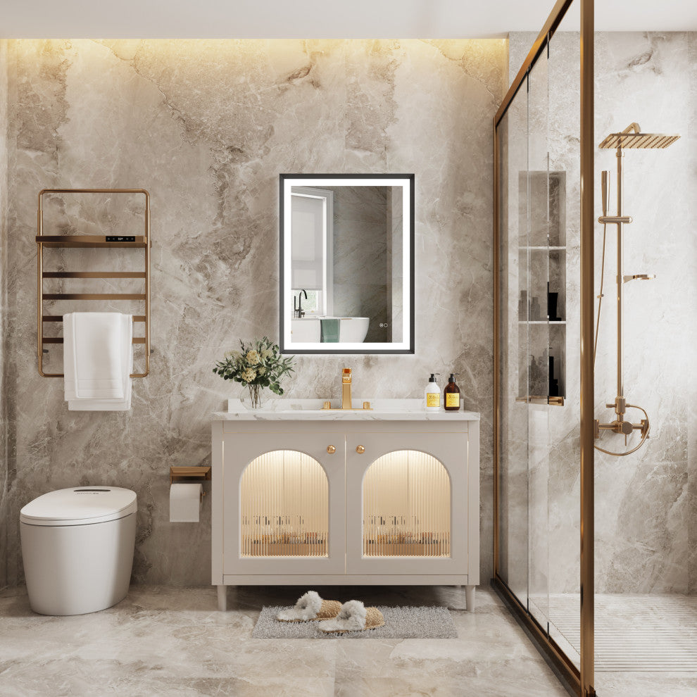 Beveled Bathroom LED Mirror Framed, Backlit and Front Light, Matte Black, 24"x32"