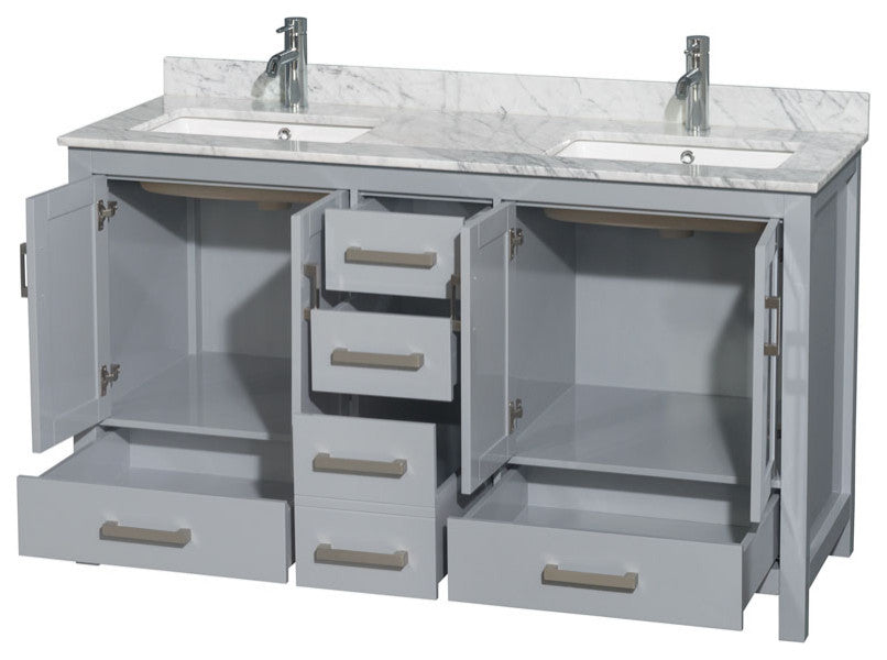 Wyndham WCS141460DGYCMUNSMXX 60" Vanity in Gray + Carrera Marble and Square Sin
