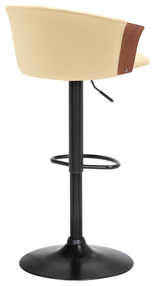 Lydia Adjustable Walnut Wood Bar Stool, Cream Faux Leather With Black Metal, Cream Faux