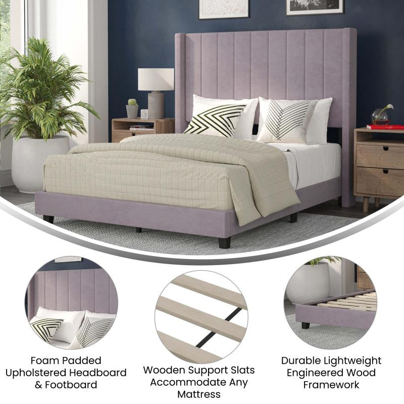 Bianca Upholstered Platform Bed w/Vertical Stitched Wingback Headboard, Gray Velvet, Full