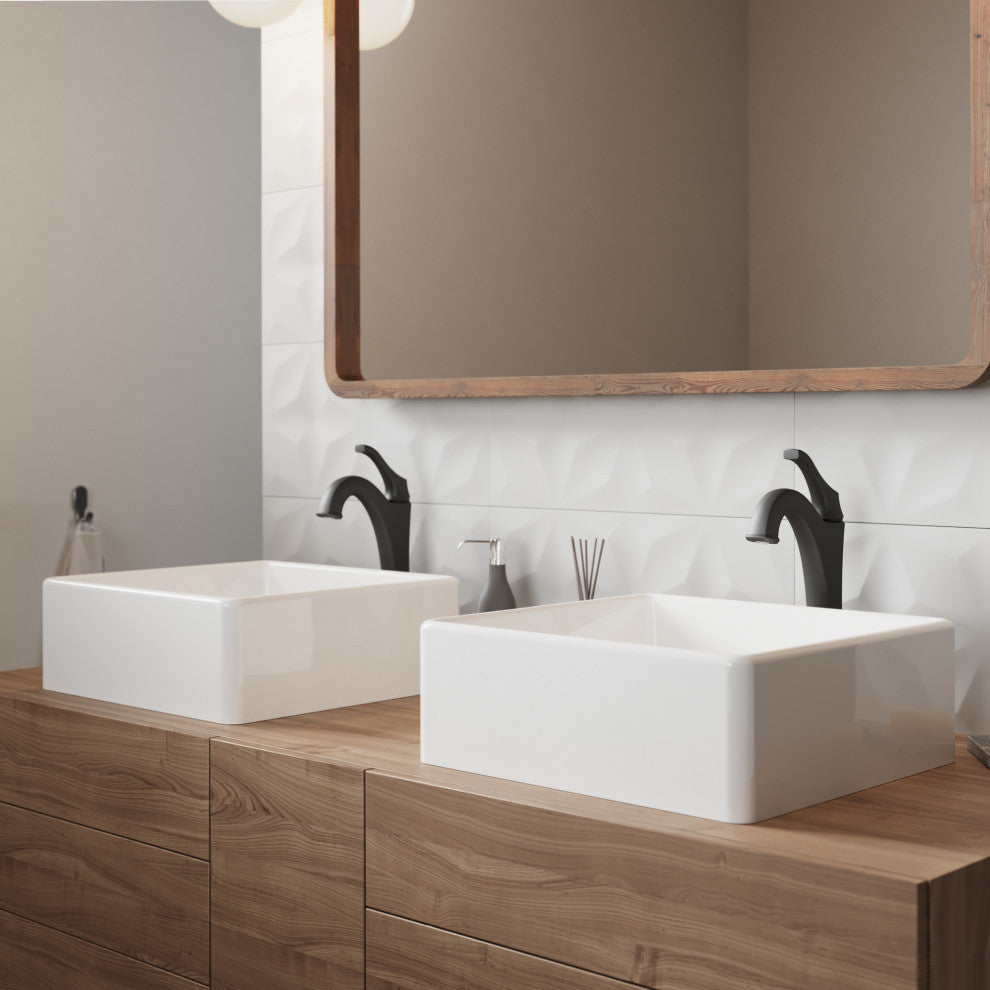 Elavo Square Ceramic Vessel Sink, Bathroom Arlo Faucet, Drain, Matte Black