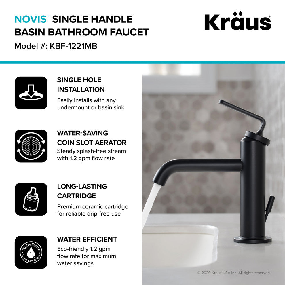 Kraus Ramus Single Handle Basin Faucet, Lift Rod Drain, Matte Black, Set of 2