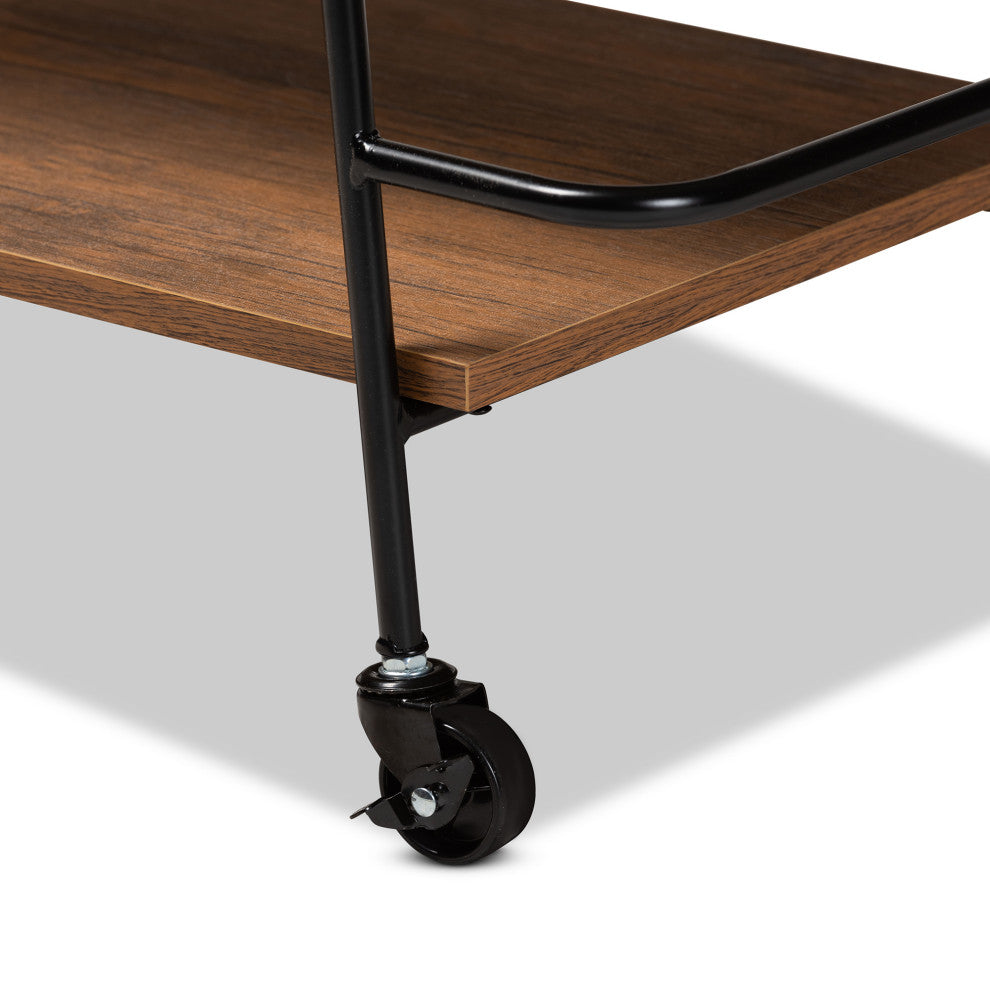 Endika Industrial Black and Walnut 3-Tier Small Mobile Wine Bar Cart