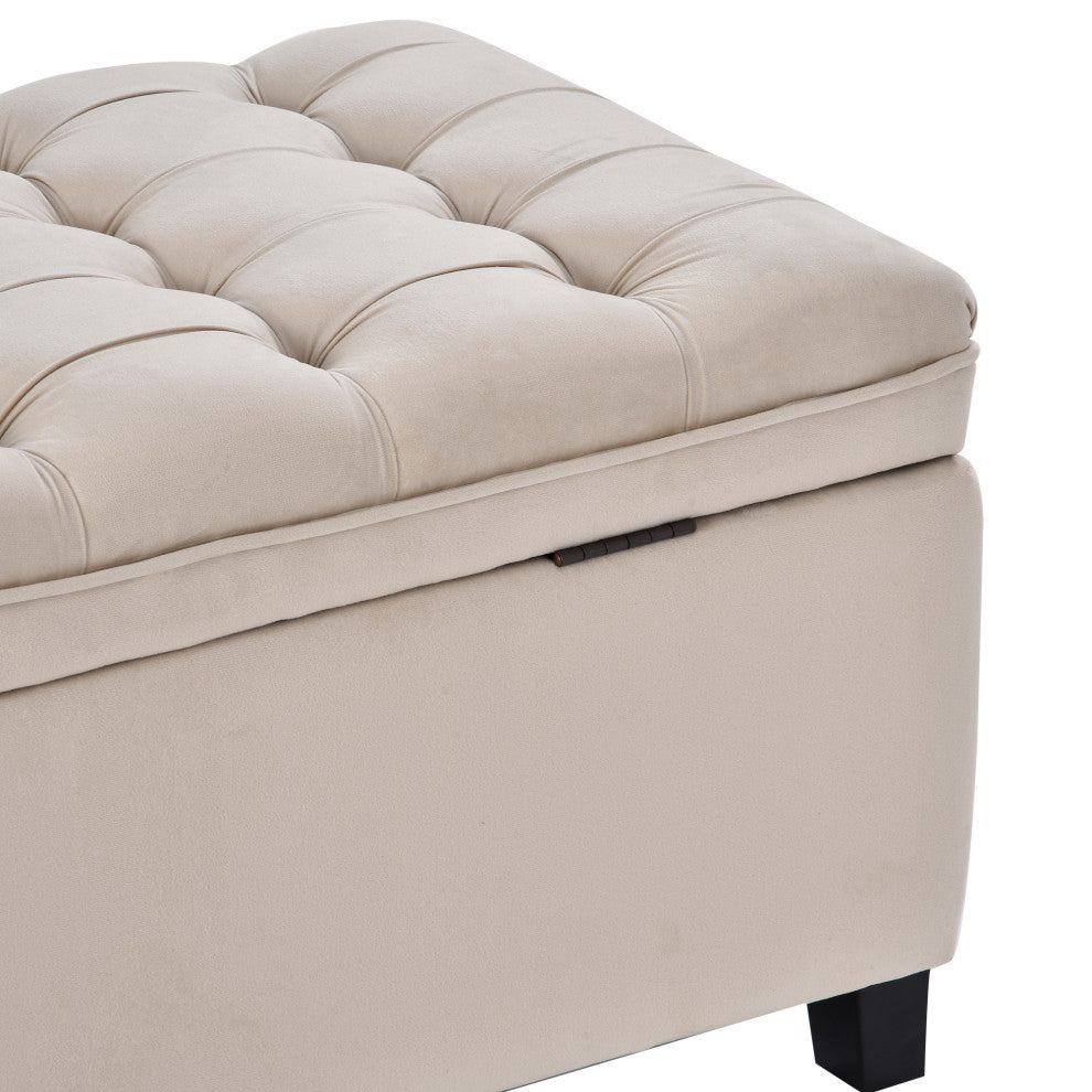 Benzara BM261451 Storage Bench With Flip Button Tufted Top and Sleek Legs, Beige