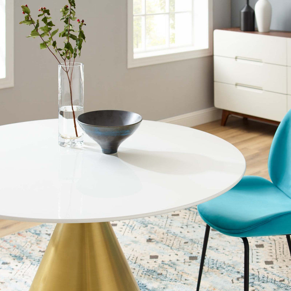 Dining Table, Round, Wood, Metal, Gold White, Modern, Cafe Bistro Restaurant