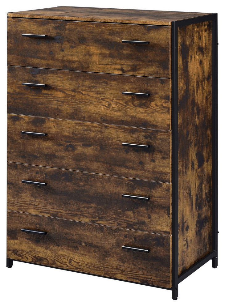 Benzara BM279153 Nat 48" Rustic Wood Chest, 5 Drawers, Brown and Black