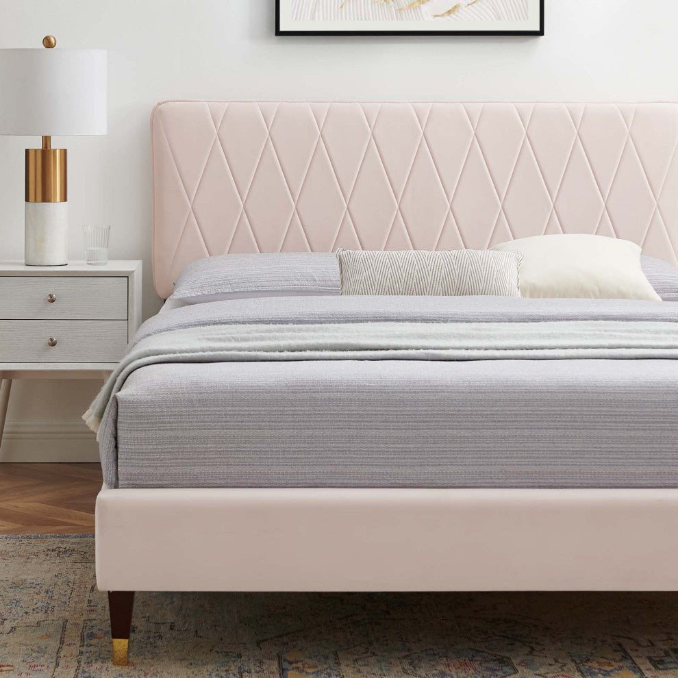 Platform Bed Frame, Full Size, Velvet, Pink, Modern Contemporary, Bedroom Master