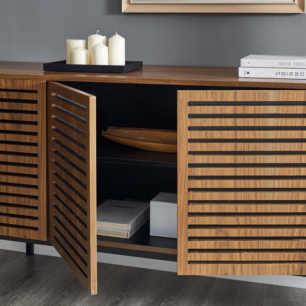 Media TV Stand Console Table, Rectangular, Wood, Metal, Brown Walnut, Modern