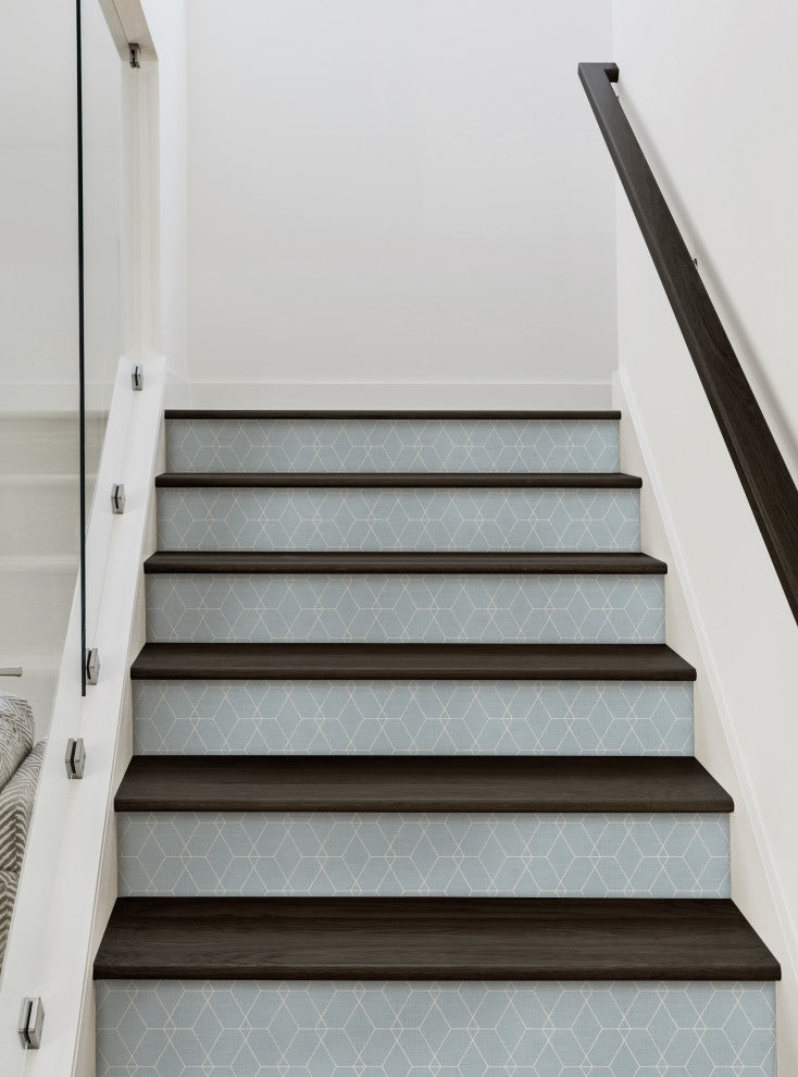 Hexagon Geometric Art Deco Lines Peel and Stick Stair Riser Strips, Light Blue, 48"w X 6"h, 6 Pack