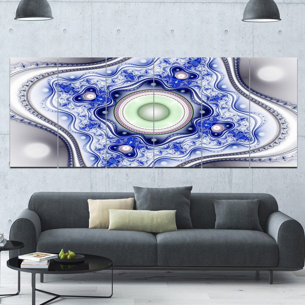Blue on White Pattern with Circles, Abstract Canvas Wall Art, 70"x28", 6 Panels