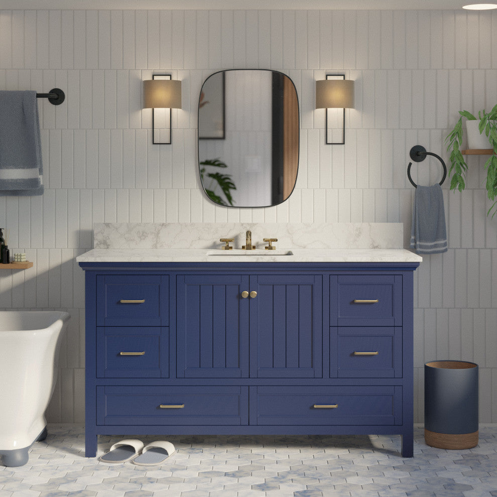 Paige 60" Bathroom Vanity, Royal Blue, Carrara Marble, Single Sink