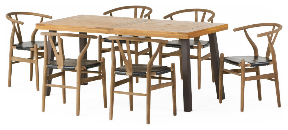 Egan Farmhouse Acacia Wood and Faux Leather 7 Piece Dining Set, Black + Antique + Rustic Metal + Natural Stained