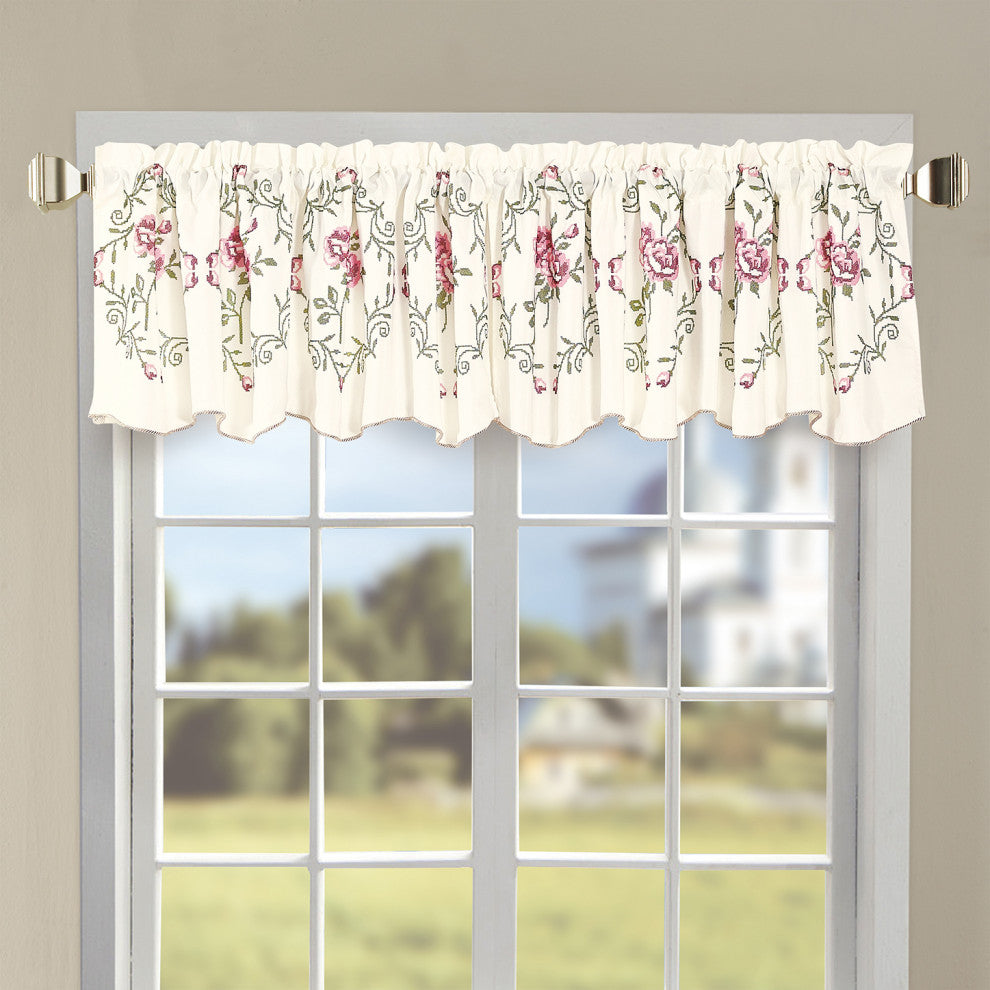 Rose Embroidery Window Curtain Valance, Light Pink, 19" X 60"