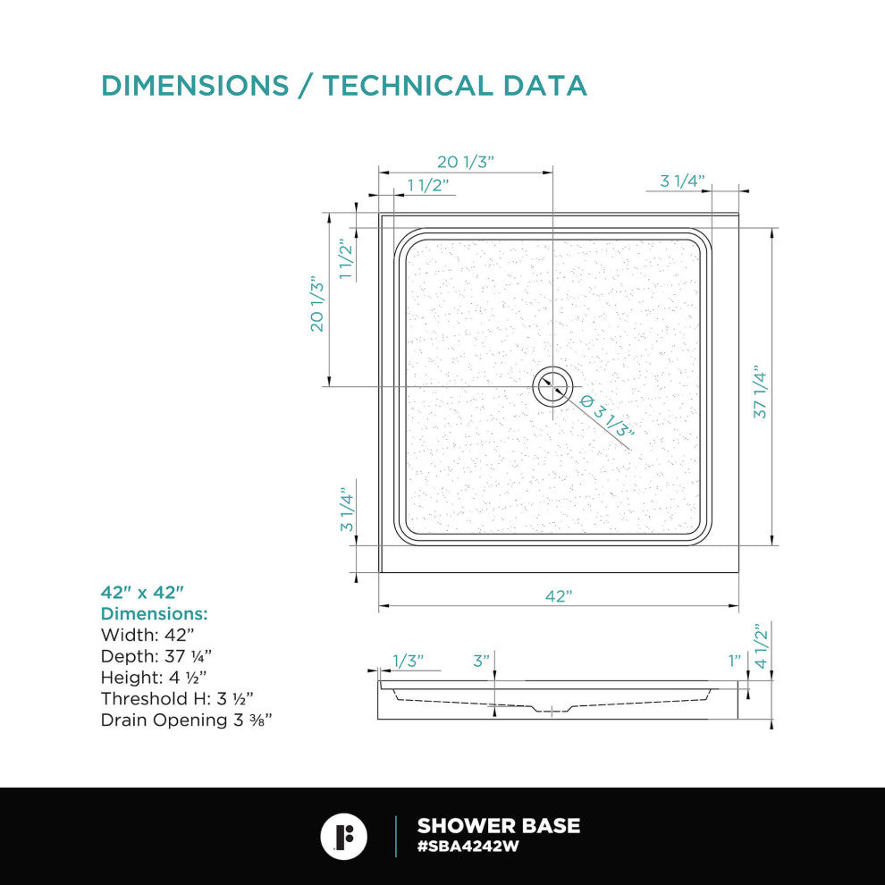 Fine Fixtures Double Threshold Acrylic Shower Base, 42 X 42, Universal