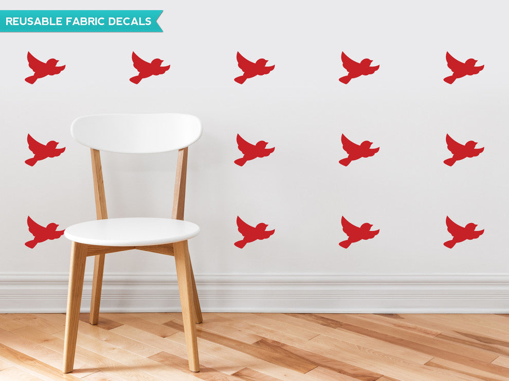 Birds Fabric Wall Decals, Set of 16 Birds, Red