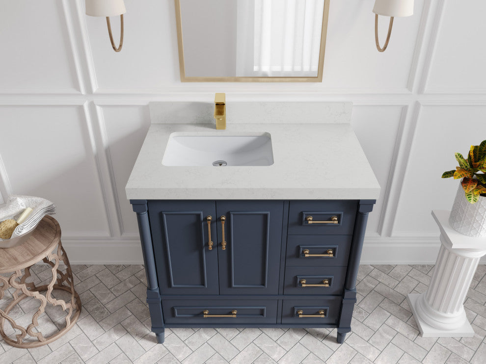 Aberdeen 36 Left Offset Bath Vanity in Hale Navy Blue  2" Carrara Quartz
