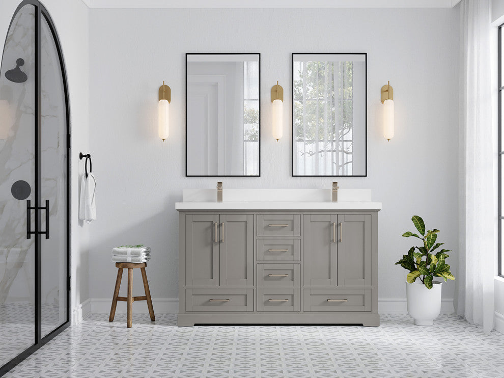 Boston 60 Double Bathroom Vanity in Elephant Skin Gray 2" White Quartz