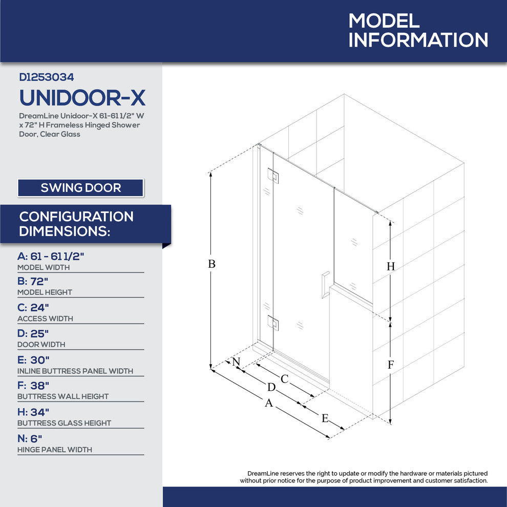 Dreamline Unidoor-X 61, 61 1/2"x72" Hinged Shower Door