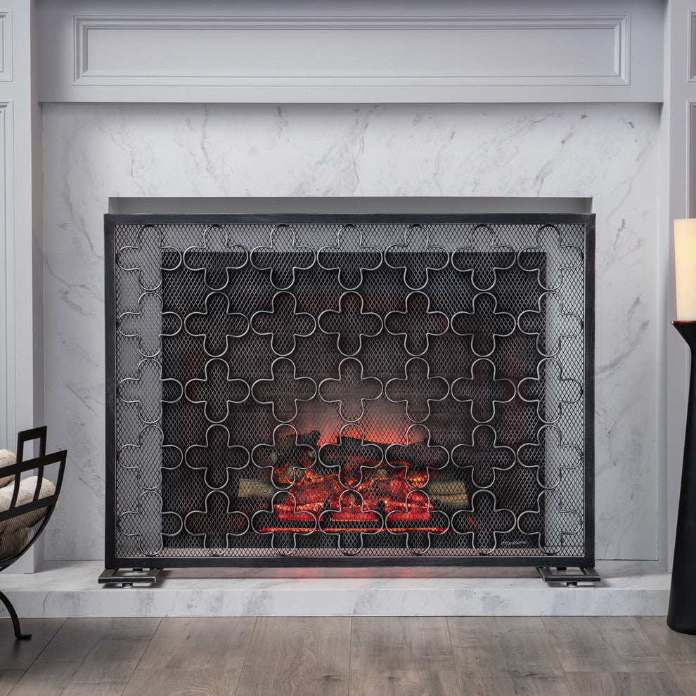 Uriah Modern Single PanelIron Firescreen, Black Brushed Silver Finish