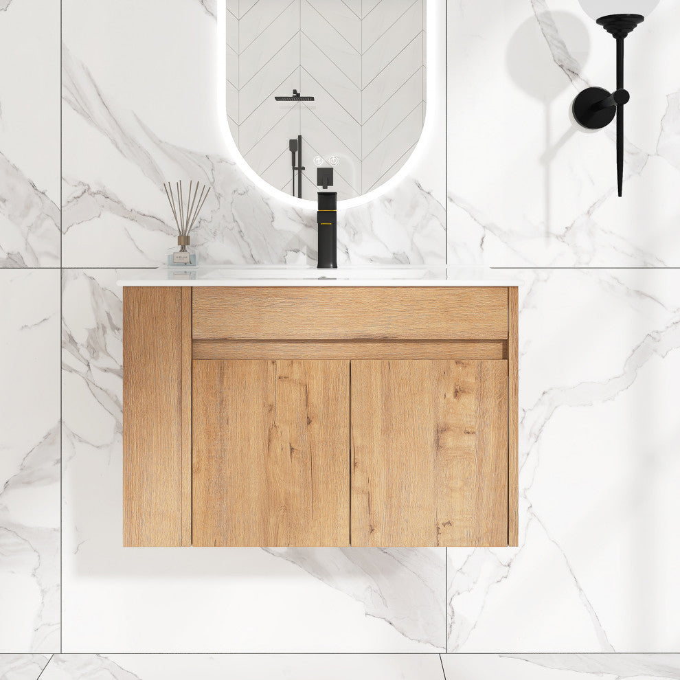 30 inch Wood Wall-Mounted Bathroom Vanity Set with Integrated Resin Sink, Imitative Oakï¼Œwhite