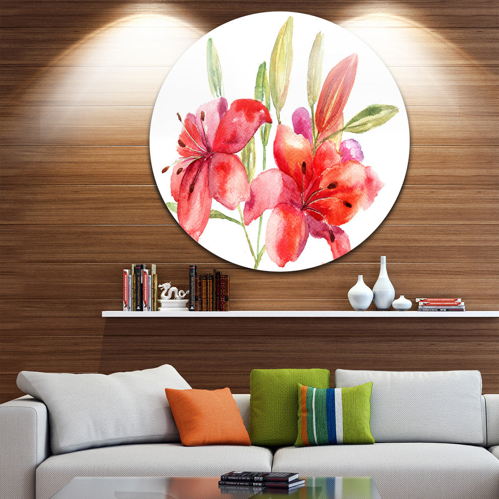 Lily Flowers Illustration, Floral Disc Metal Artwork, 23"