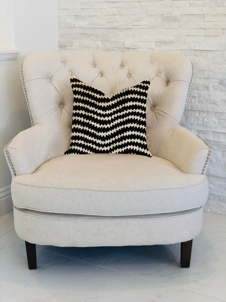 Jagged Fringe Luxury Throw Pillow in Black and Beige, 20"x30" Queen