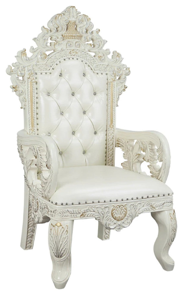 Benzara BM275675 Classic Vegan Leather Royal Armchair, Acrylic Diamond, White