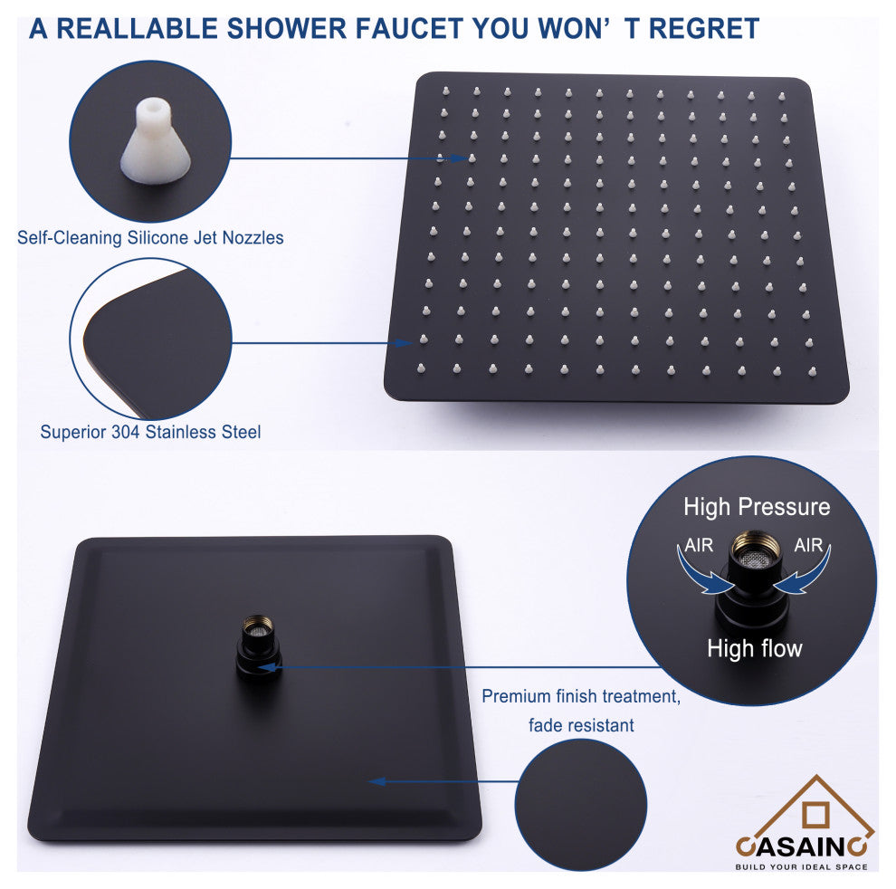 CASAINC 12" Ceiling Mounted Modern Waterfall Shower System Set, Matte Black
