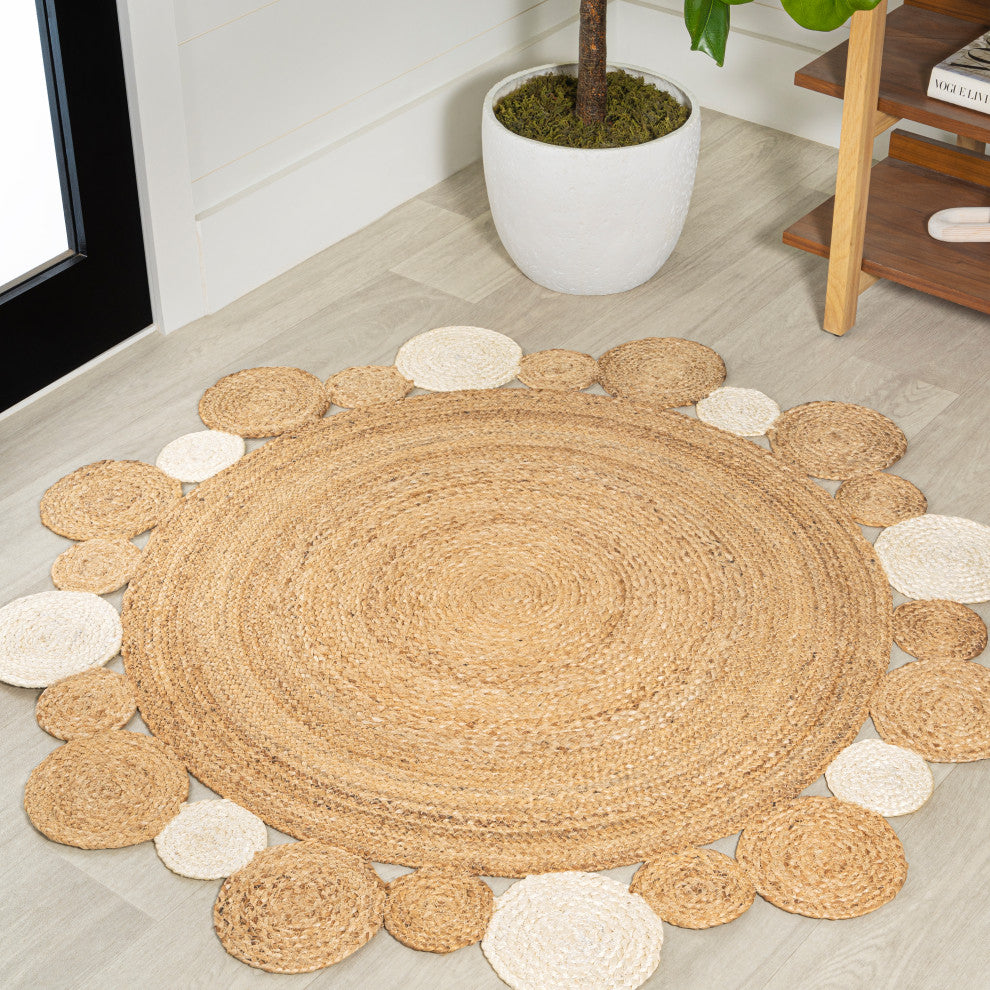 Ayana Two-Tone Jute Hippy Circle Round Area Rug, Natural/Cream, 5' Round