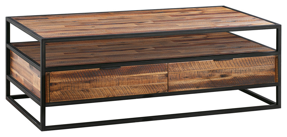 Ludgate Rectangle Coffee Table With Shelf, Acacia and Black Metal