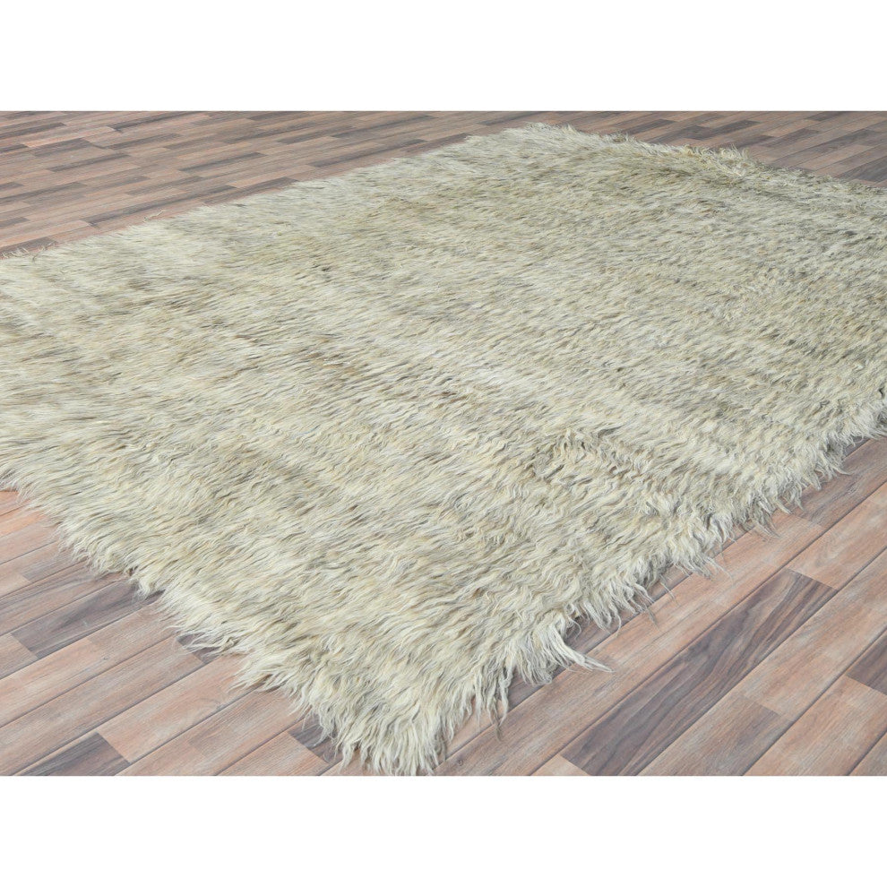 Gray, Undyed Natural Wool Hand Knotted, Shaggy Moroccan Rug, 7'7"x9'10"