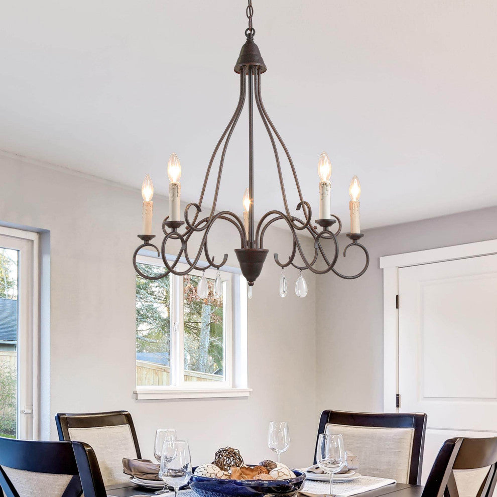 5-Light Transitional Rust Metal, Crystal Drops Chandeliers Lighting