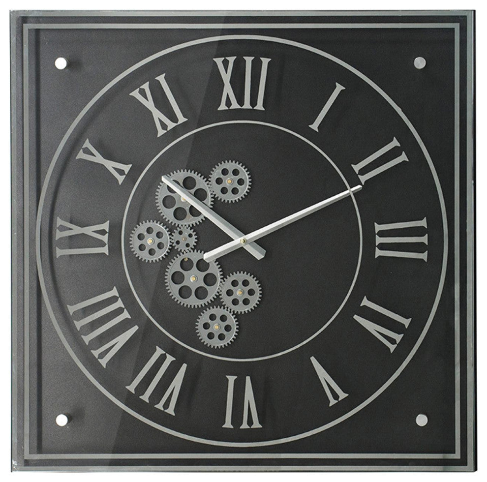 24" Black and Silver Vintage Style Gears Square Wall Clock