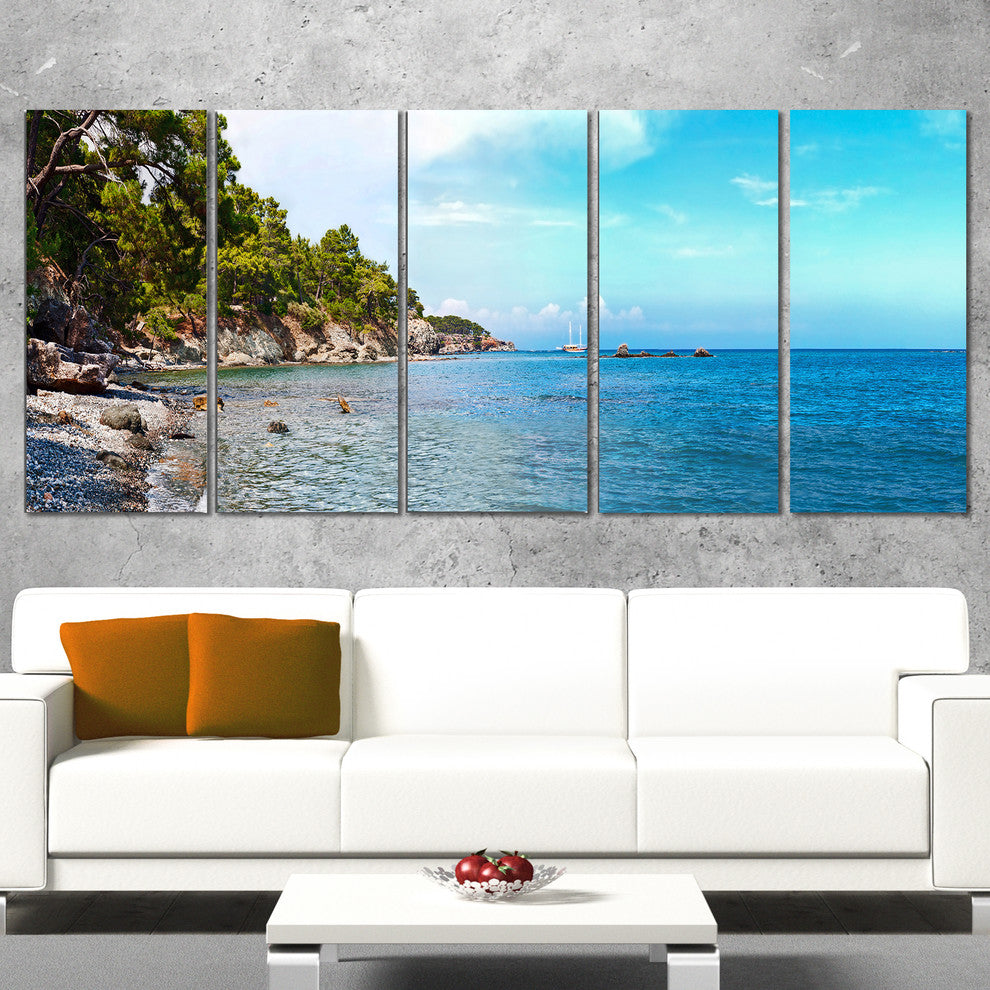 "Wild Blue Beach Panorama View" Seashore Wall Art, 5 Panels, 60"x28"
