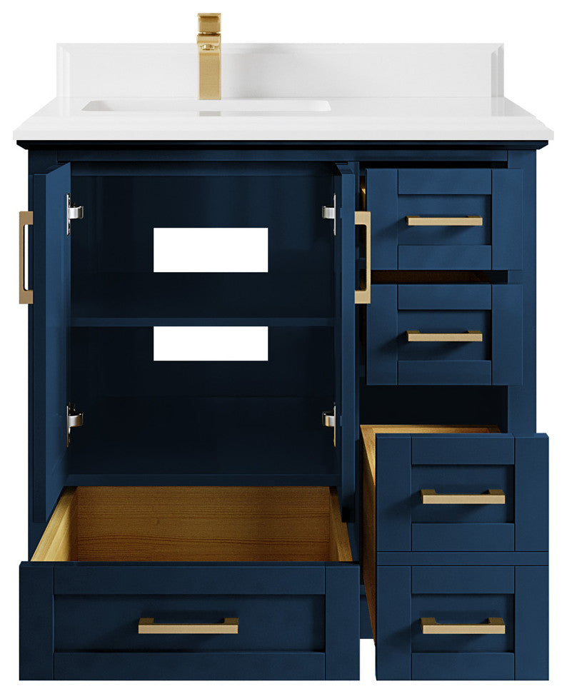 Boston 36 Left Offset Bath Vanity in Navy Blue 1.5" White Quartz