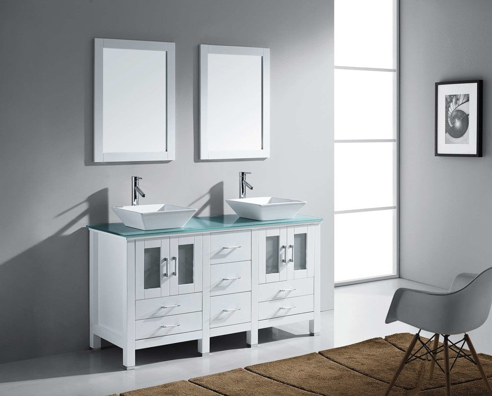 Bradford 60" Double Bathroom Vanity Set, White, Glass Top, Polished Chrome