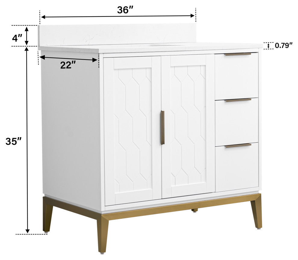 Alison Freestanding Bathroom Vanity with Italian Carrara White Marble Top, White, 36"