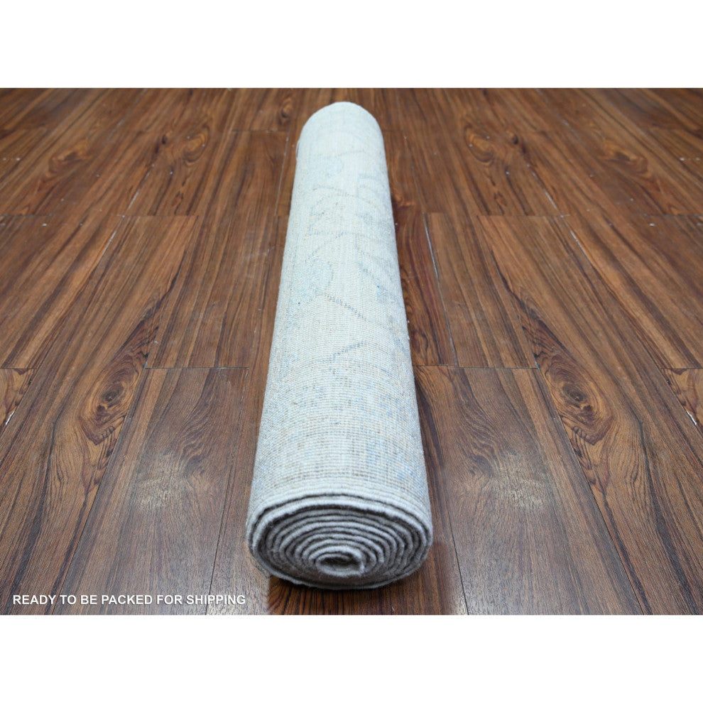 Ivory Washed Out Peshawar Wool Hand Knotted Runner Rug, 3'1"x11'7"