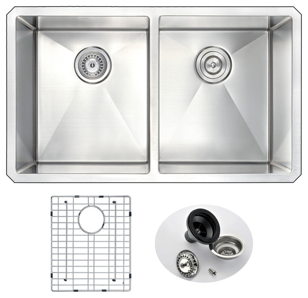 Undermount 32" 0-Hole 50/50 Double Bowl Kitchen Sink,Brushed Satin