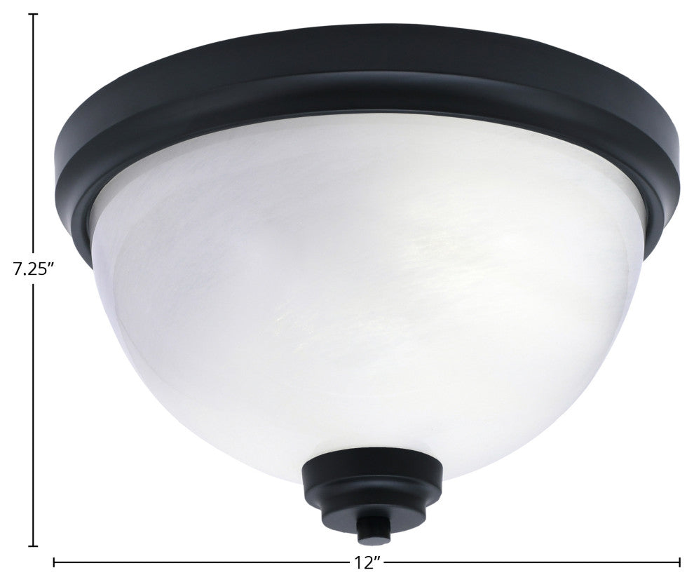 12" 2-Light Flush Mount Light, Matte Black, White Marble Glass
