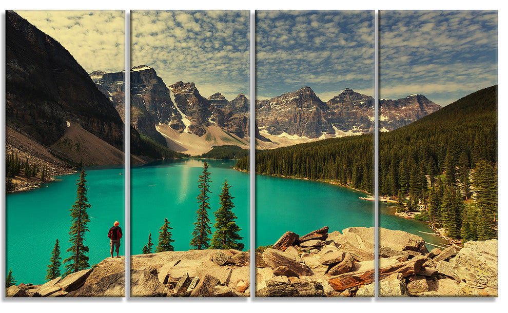 Beautiful Moraine Mountain Lake, Large Landscape Canvas Art, 48"x28", 4 Panels