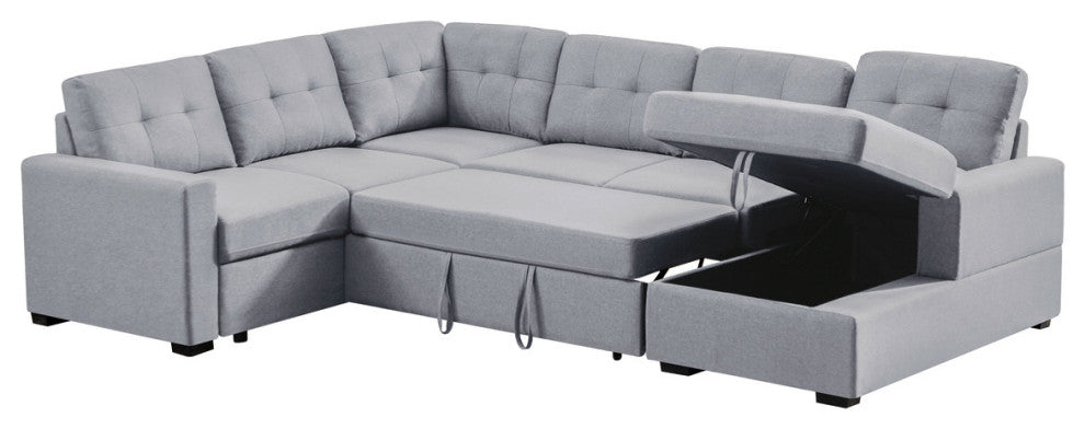 Selene Light Gray Linen Fabric Sleeper Sectional Sofa With Storage Chaise
