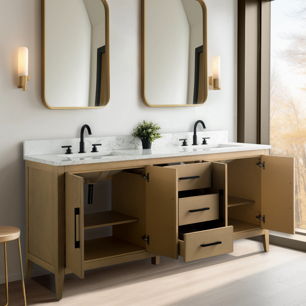 Vanity Art Bathroom Vanity With Sink, Natural Oak, 72", Double Sink, Matte Black