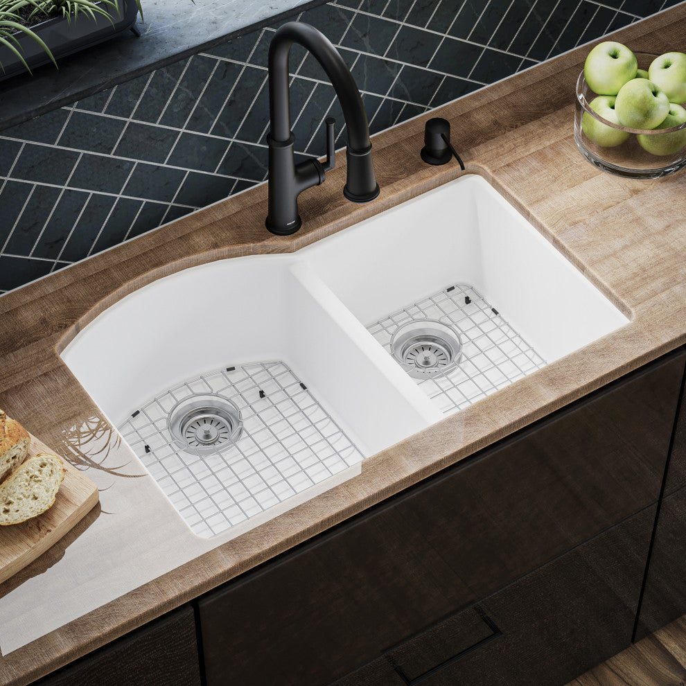 Karran Undermount Quartz 32" 60/40 Double Bowl Kitchen Sink Kit, White